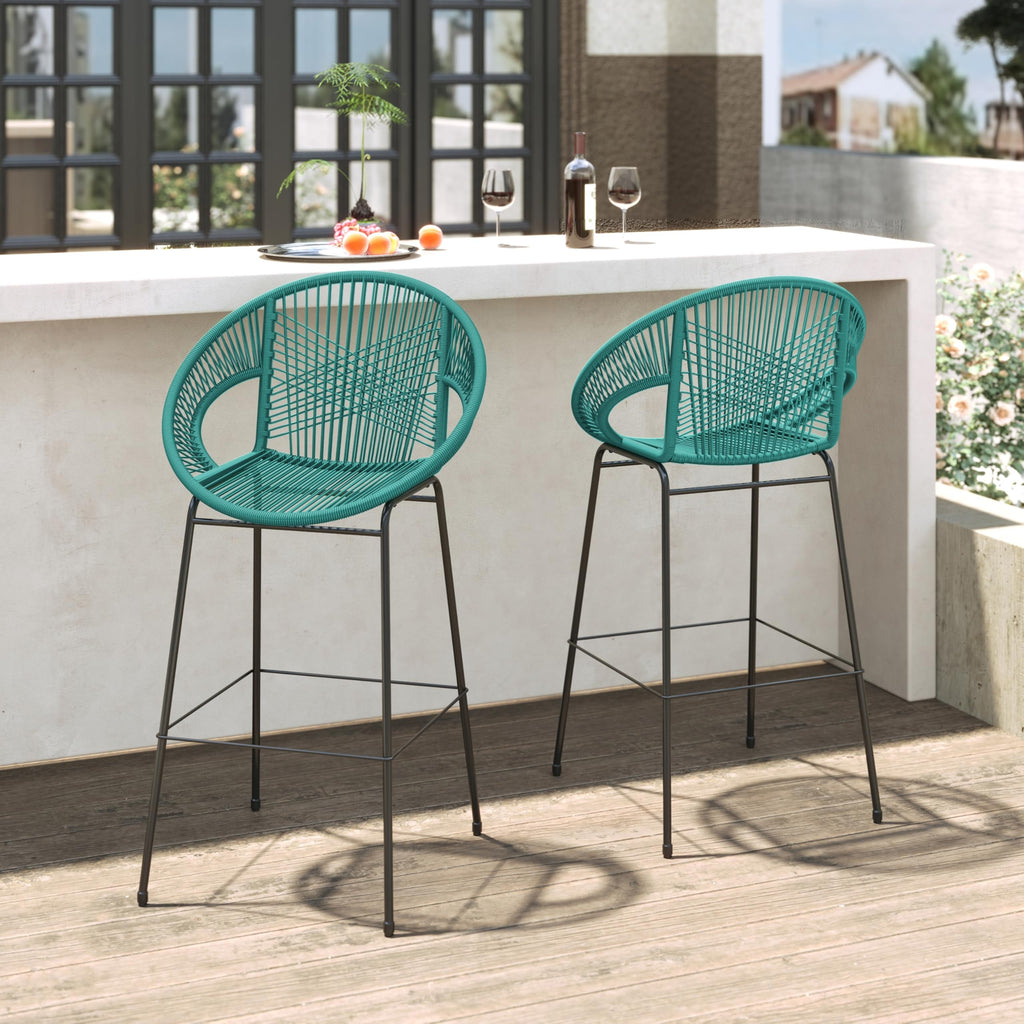Teal Faux Wicker Outdoor Bar Stool Set of 2 S976