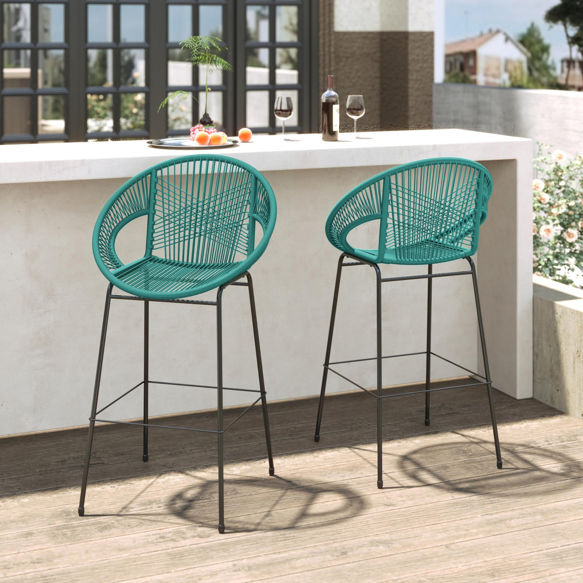Teal Faux Wicker Outdoor Bar Stool Set of 2 S976