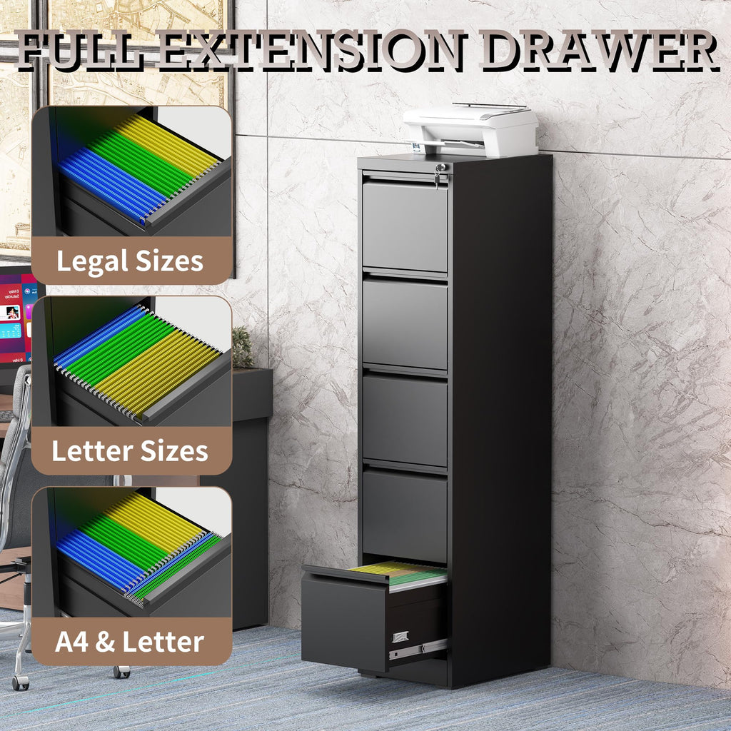 5 Drawer Black Filing Cabinet with Lock U6053
