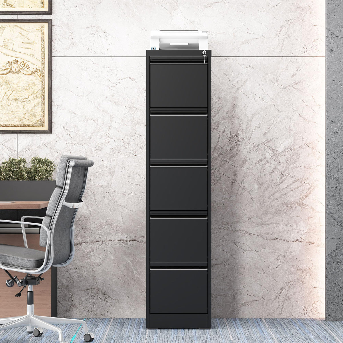 5 Drawer Black Filing Cabinet with Lock U6053